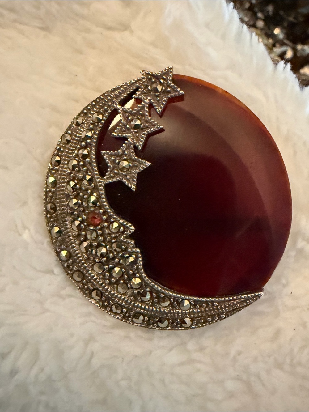 Vintage Moon & Stars Round Brooch with Marcasite Accents